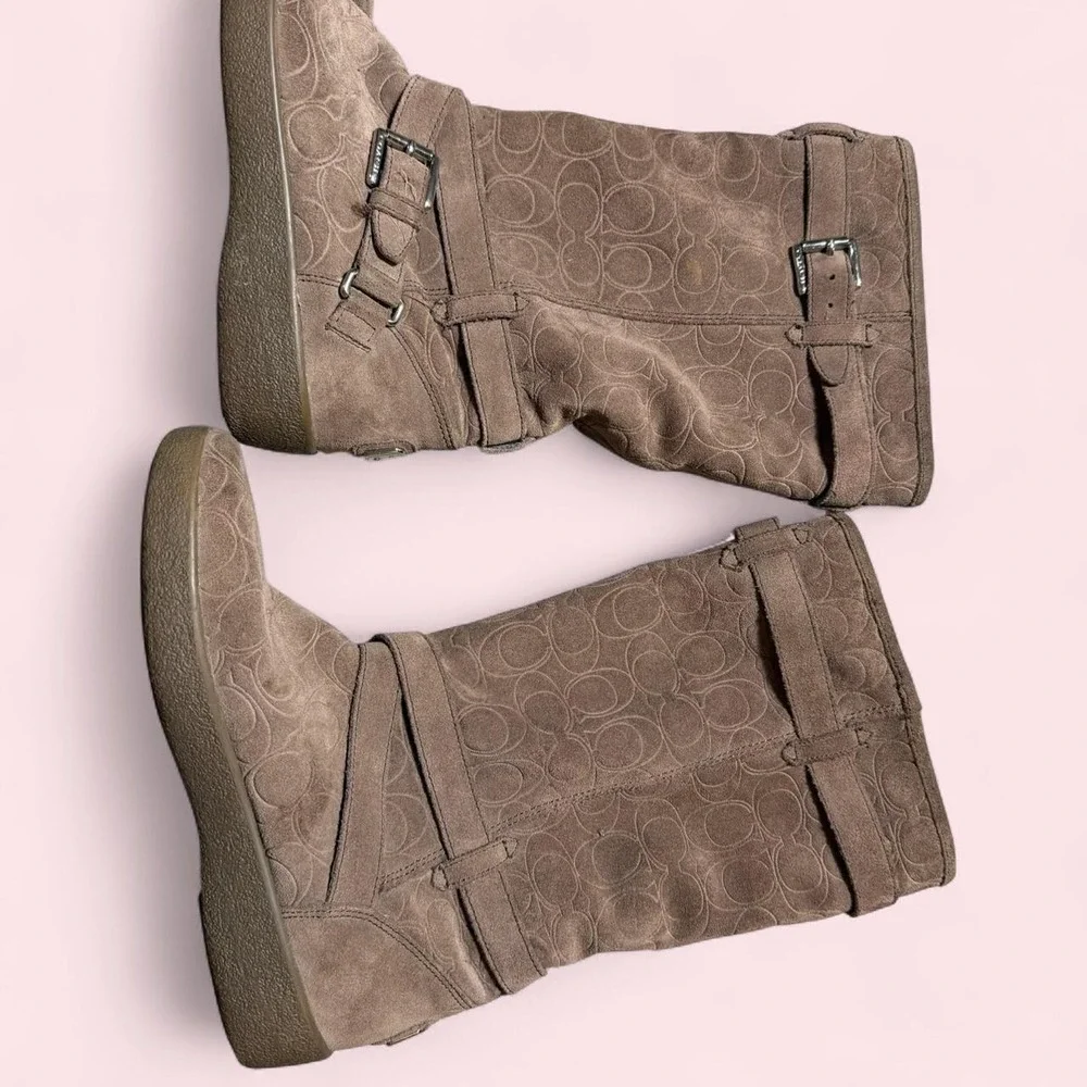 Coach Thelma Brown Suede Monogram Mid Calf Boots Silver Buckle A4671 Mens 8.5B
